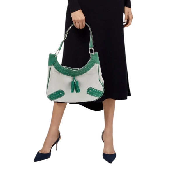 Burberry Green & White Leather Top Handle Shoulder Bag Tassel - Picture 2 of 6